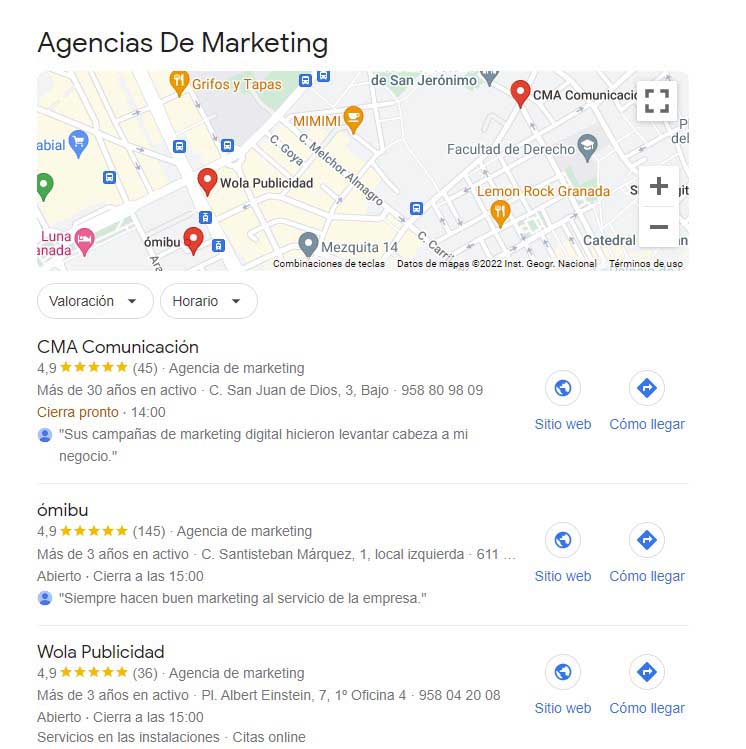 busqueda en maps de agencias de marketing en Granada