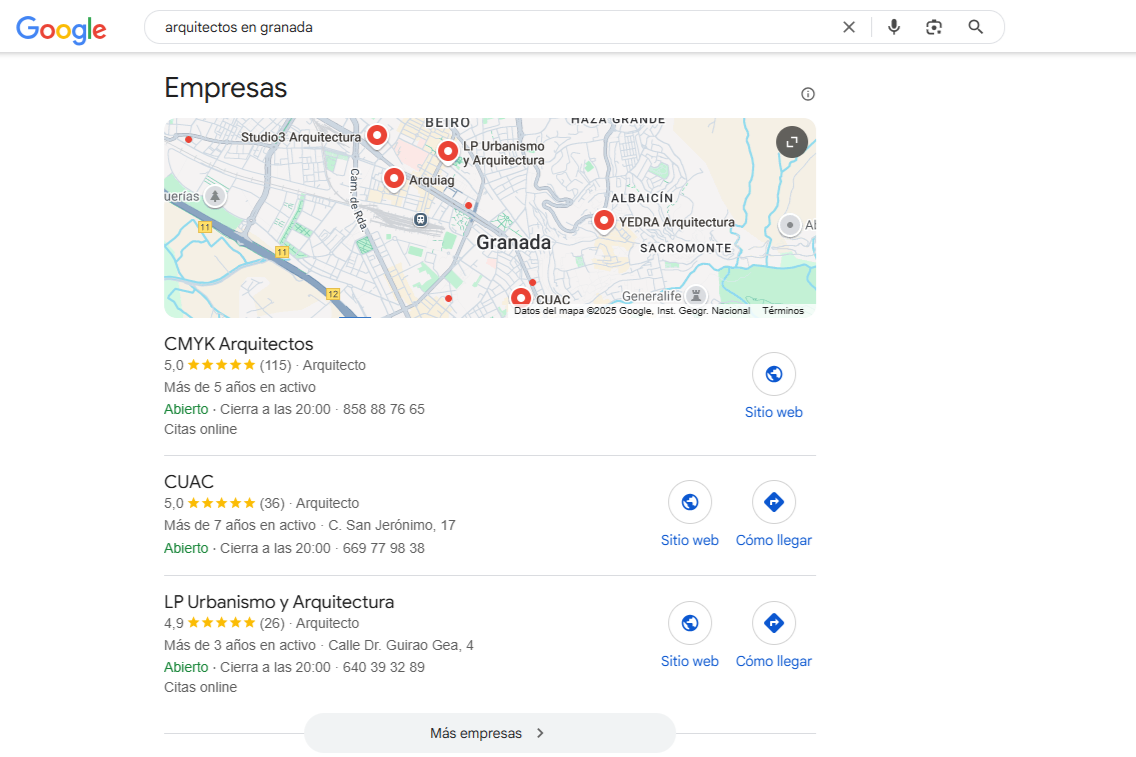 Clasificacion Google Maps de arquitectos